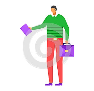 Young businessman in sweater and slacks holding a briefcase and folder. Professional male with documents ready for work photo