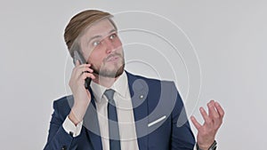 Young Businessman Talking Angry on Phone on White Background