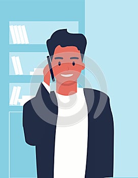 Businessman Talking On Phone Over Blue Office Background, Illustration, Vector