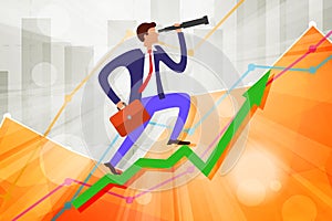 young businessman with telescope and case on growing steps arrow with business statistics chart showing various visualization