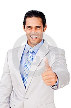 Young businessman with thumb up