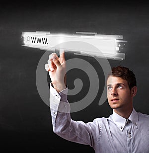 Young businessman touching web browser address bar with www sign