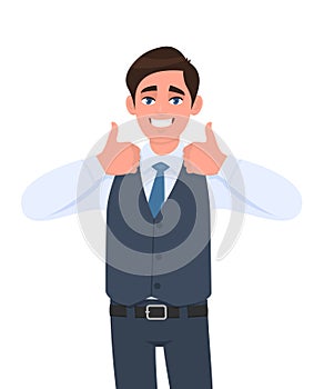 Young businessman in waistcoat showing thumb up gesture. Person making symbol of like, agree or good sign. Male character design.