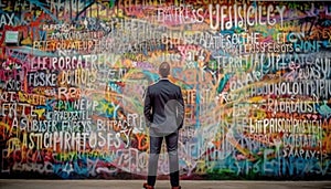 Young businessman walking city street, graffiti ideas generated by AI