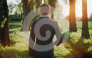 Young businessman walking among majestic, old trees