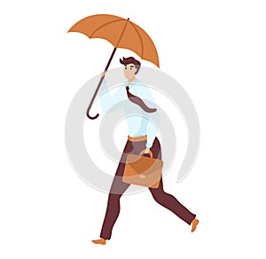 Young businessman walking umbrella briefcase. Confident male professional strides protection rain photo