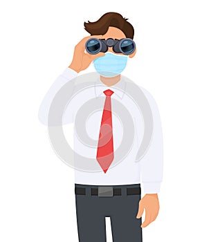 Young businessman wearing medical mask and looking through binoculars. Person in eye glasses holding telescope and viewing