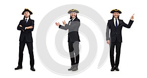 The young businessman wearing tricorn isolated on white