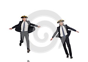 The young businessman wearing tricorn isolated on white