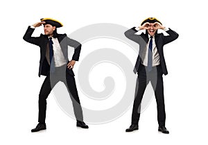 The young businessman wearing tricorn isolated on white
