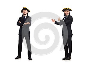 The young businessman wearing tricorn isolated on white