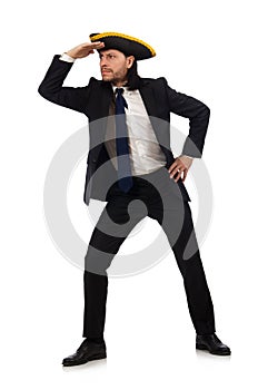 The young businessman wearing tricorn isolated on white