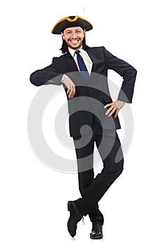 The young businessman wearing tricorn isolated on white