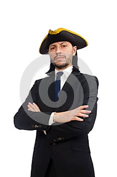 The young businessman wearing tricorn isolated on white