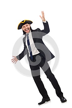 The young businessman wearing tricorn isolated on white