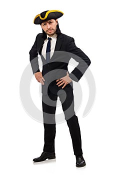 The young businessman wearing tricorn isolated on white