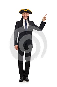 Young businessman wearing tricorn isolated on white