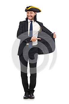 Young businessman wearing tricorn isolated on white