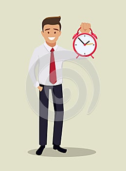 A young businessman in a white shirt is holding a watch in his hands. Vector illustration