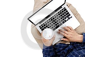 Young businessman working at laptop computer with hot coffee  , Business Research, business man hand working on laptop computer,