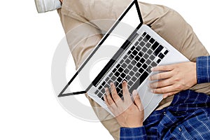 Young businessman working at laptop computer with smartphone , Business Research, business man hand working on laptop computer,