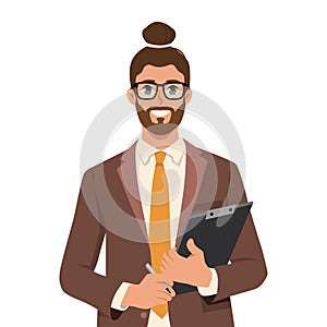 Young Businessman writing on clipboard, check list. Business concept