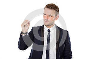 Young businessman writing on virtual screen