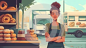 Young businesswoman. Against the backdrop of his own bakery business. Bakery and trucks on the background. Sunny day
