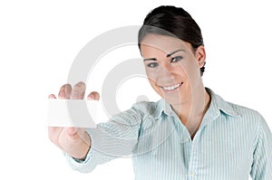 Young businesswoman with business card, isolated
