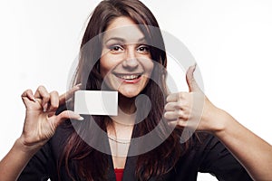 Young businesswoman with business card showing hand ok sign