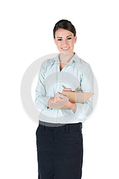 Young businesswoman with clipboard, isolated