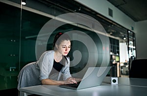 Young businesswoman with computer standing in an office, working.