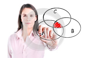 Young businesswoman drawing intersected circle diagram on whiteboard.
