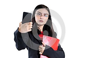 Young businesswoman in glasses cell red folder and pen female, person, success