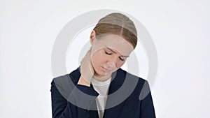 Young Businesswoman having Neck Pain on White Background