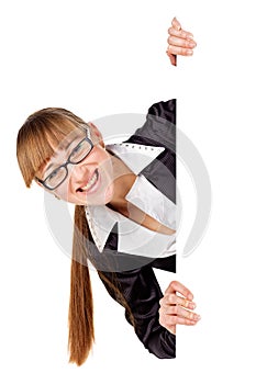 Young businesswoman holding a banner