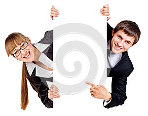 Young businesswoman holding a banner photo