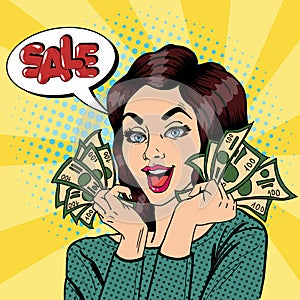 Young Businesswoman Holding Cash. Woman Shouts Sale. Pop Art