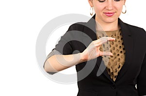Young businesswoman holding empty space in her