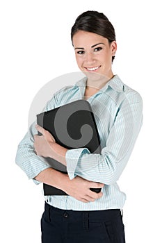 Young businesswoman holding folio, isolated photo