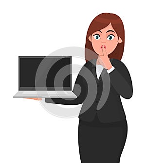 Young businesswoman holding a new brand laptop and asking silence. Sh! Keep quite! Silence please Female character design.