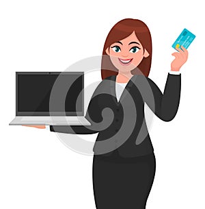 Young businesswoman holding a new brand laptop and showing credit, debit or ATM card. Female character design illustration.