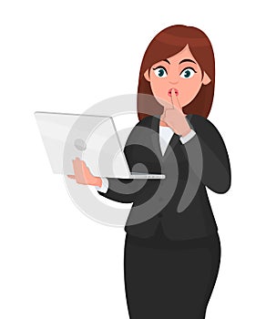 Young businesswoman holding a new digital laptop computer and asking to make silence. Keep quiet. Sh! Female character design.