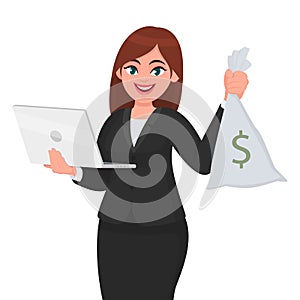 Young businesswoman holding a new digital laptop computer and cash, money, currency notes bag in hand. Female character design.