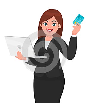 Young businesswoman holding a new digital laptop computer and credit, debit or ATM card. Female character design illustration.