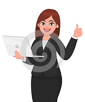 Young businesswoman holding a new digital laptop computer and showing thumb up gesture sign. Female character design illustration.