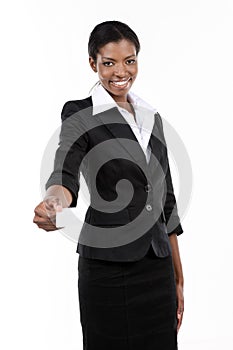 Young businesswoman holding white business card