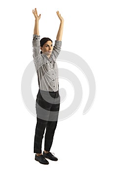 Young businesswoman isolated on white background doing exercises