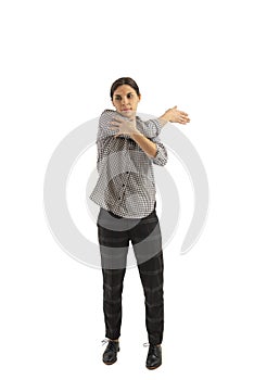 Young businesswoman isolated on white background doing exercises