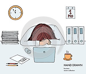 Young businesswoman laid her head down on the table. Frustrated, exhausted, sleepy, tired of work. Laptop, computer, pc